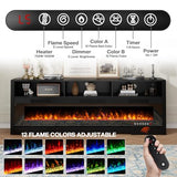 PRETZI 65" Fireplace TV Stand with 60" Glass Electric Fireplace for TVs Up to 75 inch, Modern Fireplace Entertainment Center with Open Storage Shelf, Media Console TV Cabiet for Living Room, Black PRETZI