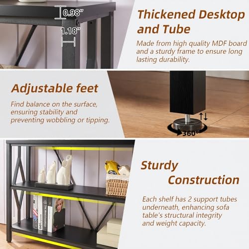 HOMISSUE Sofa Console Table, Rustic Console Table with 3-Tier Storage, Engineered Wood Sofa Tables with Open Shelves, Heavy Duty Entryway Tables for Living Room, Hallway (47 Inch, Black) HOMISSUE
