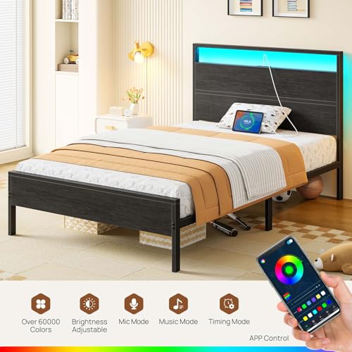 Rolanstar Bed Frame Twin Size with Charging Station, LED Twin Bed Frame with Wood Headboard, Platform Bed with Metal Slats & Under Bed Storage, No Box Spring Needed, Noise Free, Black Oak Rolanstar