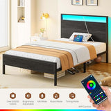 Rolanstar Bed Frame Twin Size with Charging Station, LED Twin Bed Frame with Wood Headboard, Platform Bed with Metal Slats & Under Bed Storage, No Box Spring Needed, Noise Free, Black Oak Rolanstar