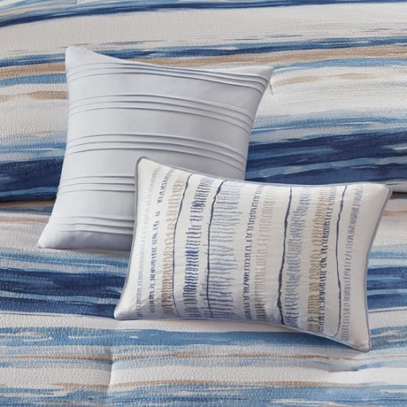 Madison Park Marina Comforter Quilt Combo Set - Modern Luxury Design, All Season Down Alternative Bedding, Matching Shams, Decorative Pillows, Full/Queen(90"x90"), Seersucker Blue 8 Piece Madison Park