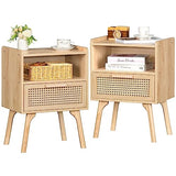 Lerliuo Rattan Nightstands Set of 2, Boho Side Table with Drawer Open Shelf, Cane Accent Bedside End Table with Solid Wood Legs for Bedroom, Dorm and Small Spaces (Natural) Lerliuo