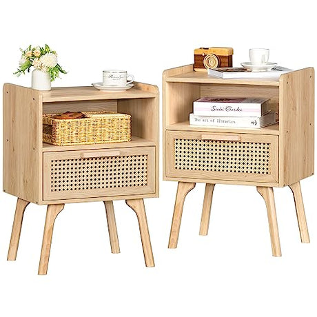 Lerliuo Rattan Nightstands Set of 2, Boho Side Table with Drawer Open Shelf, Cane Accent Bedside End Table with Solid Wood Legs for Bedroom, Dorm and Small Spaces (Natural) Lerliuo