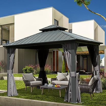 Domi 10' X 10' Hardtop Gazebo, Aluminum Metal Gazebo with Galvanized Steel Double Roof Canopy, Curtain and Netting, Permanent Gazebo Pavilion for Patio, Backyard, Deck, Lawn