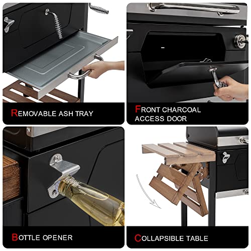 Royal Gourmet CD1824M 24-Inch Charcoal Grill, BBQ Smoker with Handle and Folding Table, Perfect for Outdoor Patio, Garden and Backyard Grilling, Black, Medium Royal Gourmet