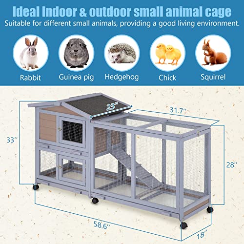 Wood Rabbit Hutch Rabbit Cage Bunny Hutch Rolling Large Bunny Cage Indoor Outdoor Two Story Guinea Pig Hutch Rabbit House with Wheels&Waterproof Roof,Grey BestPet