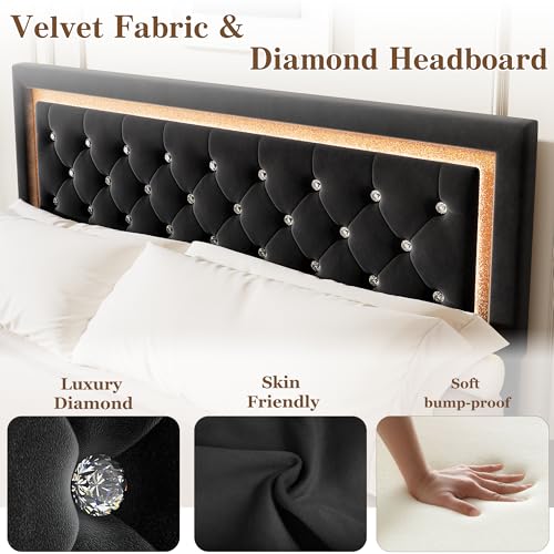 Garvee Floating Bed Frame King Size with Smart Led Lights, Upholstered Platform Bed with Diamond Headboard, Solid Wood Slats Support, No Box Spring Needed, Noise-Free, Easy Assembly, Black Garvee