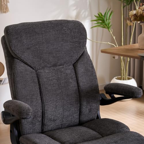 Executive Office Chair, Comfy Fabric Cloth Computer Chair Ergonomic Desk Chairs with Flip-up Armrests, Lumbar Support, 360° Swivel and Rocking Function for Home Office Chairs, Grey JOYNET