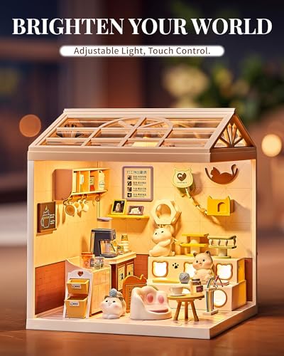 Kisoy DIY Miniature House Kit, Tiny House Building Kit with Furniture and LED Light for Teens and Beginners, DIY Mini House Craft Kit, Christmas Decorations/Gifts for Family and Friends (Cat Cafe)