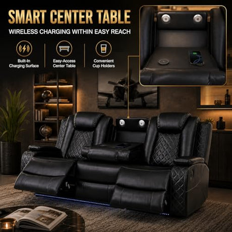Power Reclining Sectional Sofa for Living Room, 3 Pieces Leather Recliner Sofa Set with USB Ports, LED Light, Wireless Charger & Storage Console, Living Room Furniture Sets with Home Theater Seating Puduvir