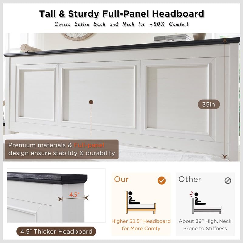 ACCOHOHO Antique White Farmhouse Queen Bed Frame with 52" Full-Panel Headboard and Storage Drawers - WoodArtSupply