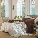 MooMee Bedding Sheet Set 100% Cotton Linen Like Textured Breathable Durable Soft Comfy (Solid Cocoa Brown, Queen) MooMee