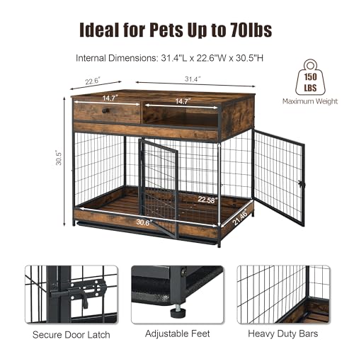 FAVOOSTY Dog Crate Furniture, 31.5 Inch Dog Kennel with Storage Drawer, Double Doors Heavy Duty Dog Cage with Removable Tray, Indoor Wooden Pet Crate for Small Medium Dogs, Rustic Brown