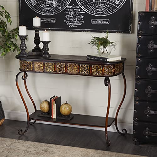 Deco 79 Metal Floral Embossed 1 Shelf Console Table with Ornate Scroll Legs, 43" x 14" x 32", Brown Deco 79