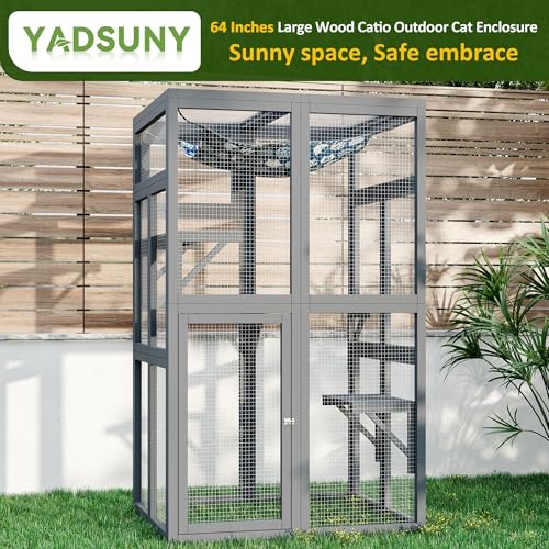 YADSUNY 64 Inch Catio Outdoor Cat Enclosure, Large Cat House for Outdoor Cats with Updated Framework Structure, Outside Cat Patio Cattery Weatherproof for Multiple Cats, Grey YADSUNY