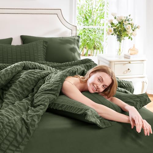 CozyLux King Size Comforter Set Olive Green Seersucker 7 Pieces Bed in a Bag King Comforter Set with Sheets, Luxury Bedding Set with Down Alternative Comforter, Sheets, Pillowcases & Shams All Seasons CozyLux