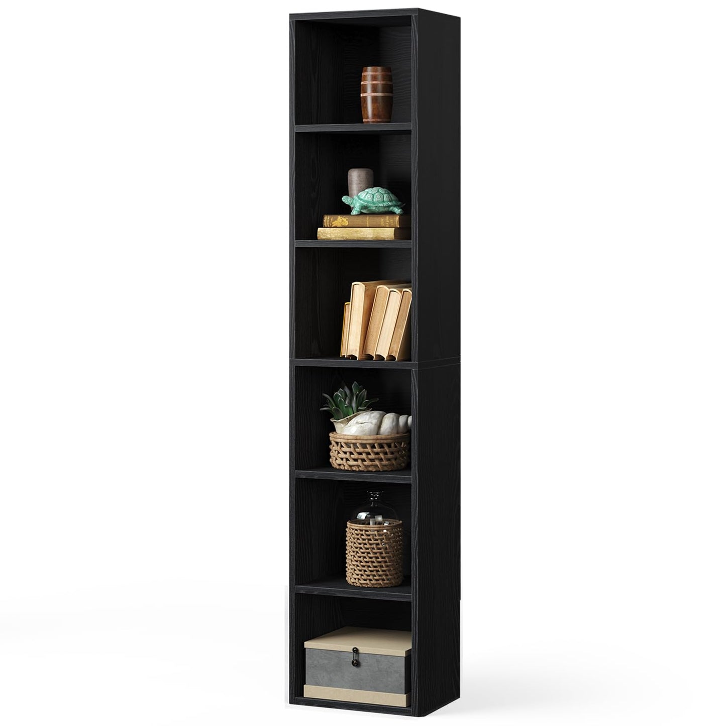 Tall Narrow Bookshelf – 6-Tier Cube Display Rack for Modern Home Office – Black Storage Cabinet by oneinmil - WoodArtSupply