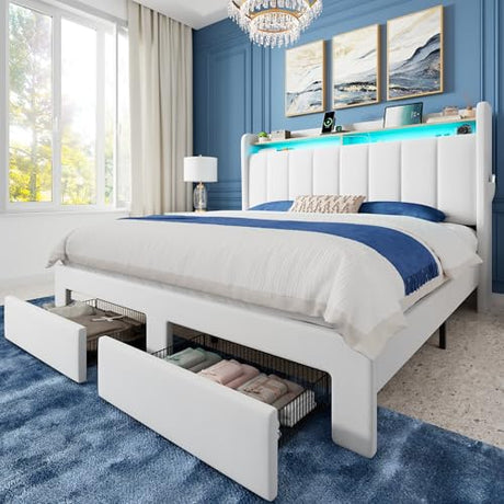 Allewie Velvet Vertical Tufted Queen Upholstered Platform Bed Frame with 2-Tier LED Storage Headboard & 2 Storage Drawers, USB & Type-C Charging Ports, Noise-Free/No Box Spring Needed, White Allewie