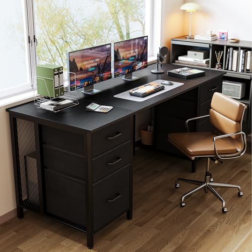 ODK 63 Inch Office Desk with 6 Fabric Drawers, Large Computer Desk for Home Office with Hidden Storage Shelves, Black ODK
