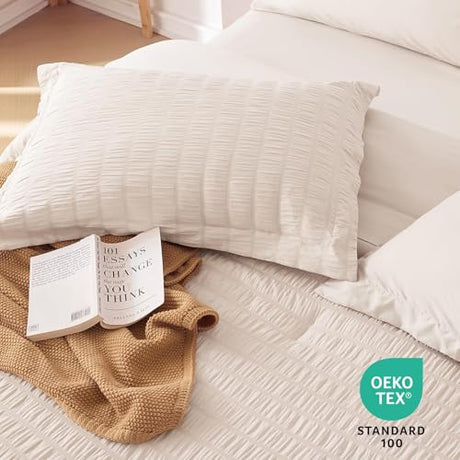 MUXHOMO 7 Pieces Full Comforter Set, Seersucker Bed in a Bag Full Size, All Season Luxury Bedding Set with Comforter, Flat Sheet, Fitted Sheet, Pillowcases & Shams, Beige MUXHOMO