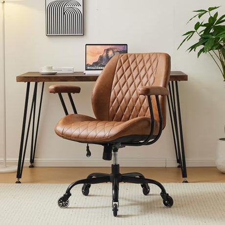 YFO Home Office Desk Chair Office Rubber Casters Ergonomic Computer Chair with Lumbar Support Adjustable Height Rolling Swivel Executive Task Armrests Chair， Brown Leather YFO