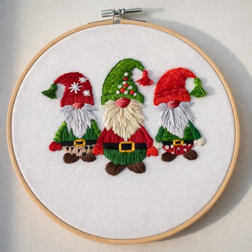 Looples Embroidery Kit for Beginners and Adults with Video Tutorials – DIY Starter Kit with 3 Stamped Floral Patterns, Hoops, Threads, Needles, and Instructions (Gnomes, Ornaments & Holiday Wreath)