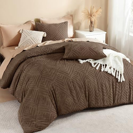 Litanika Brown King Size Comforter Set, 3 Pieces Tufted Boho Farmhouse Bedding Comforter Sets, Lightweight Fluffy Comforter Bed Set for All Season (104x90In Comforter and 2 Pillowcases) Litanika