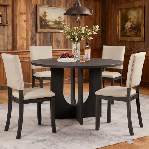 JIJIWANG 47.3" Round Dining Set with 4 Upholstered Dining Chairs, Modern Dining Table Set for 4, 5-Piece Round Dining Table Set for Living Room, Kitchen, Antique Black & Beige JIJIWANG
