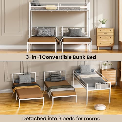 Mixcous Triple Bunk Bed Twin Over Twin Bunk Bed for 3, Guardrails and Ladder Metal Bunkbed, 3 Bed Teens and Adults, No Box Spring Needed, White Mixcous