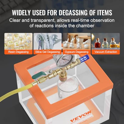 VEVOR 2 Gallon Vacuum Chamber, Upgraded Multipurpose Acrylic Vacuum Degassing Chamber, Transparent Vacuum Chamber, for Resin Degassing, Silica Gel Degassing