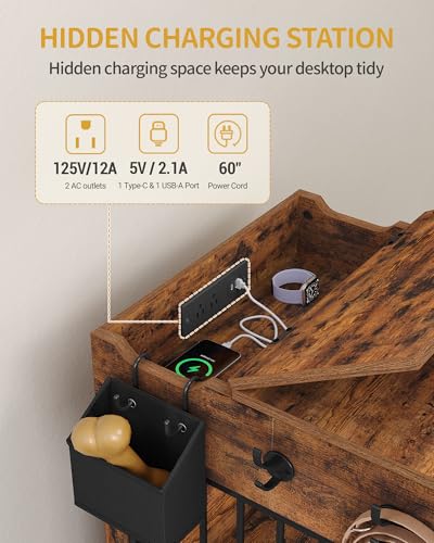 Hzuaneri 24'' Dog Crate Furniture with Charging Station, Dog Kennel Indoor with Flip-Top Storage, Wooden Pet Cage Dogs House End Side Table for Small Dogs Anti-Chew Anti-Escape, Rustic Brown DFC90101B Hzuaneri