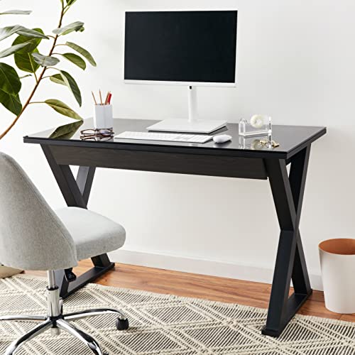 Walker Edison Lawrence Urban Industrial X Leg Glass Top Computer Desk, 48 Inch, Black - WoodArtSupply