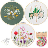 Kissbuty Embroidery Starter Kit with 3 Pcs Fabric & Patterns, Bamboo Hoop, Color Threads Tools (Plants Flowers)