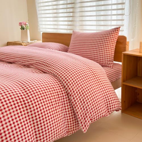 NSNLGSGC Red Gingham Duvet Cover Set Queen, Grid Simple Geometric Square Pattern Comforter Cover,Soft Plaid Washed Microfiber Bedding Cover(3PCS,Queen) NSNLGSGC