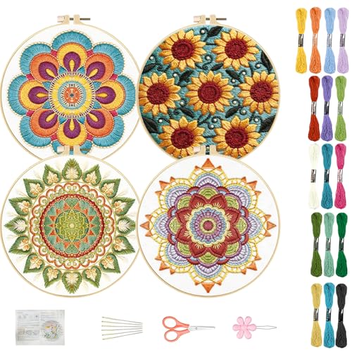 FREEBLOSS 4 Sets Embroidery Kit for Beginners Needlepoint Embroidery Starter Kit with Mandala Stamped Patterns, Instructions, Colored Threads, 2 Hoops 20cm/7.9inch