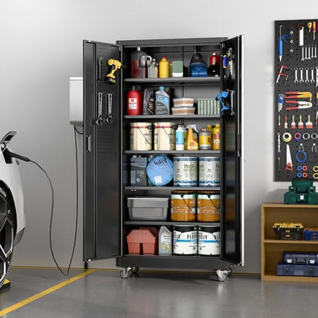 Aobabo Upgraded Garage Storage Cabinets with Wheels,Metal Storage Cabinets with 5 Adjustable Shelves for Garage Home Office Storage, Black,71''H*34''W*18''D,Assembly Required Aobabo