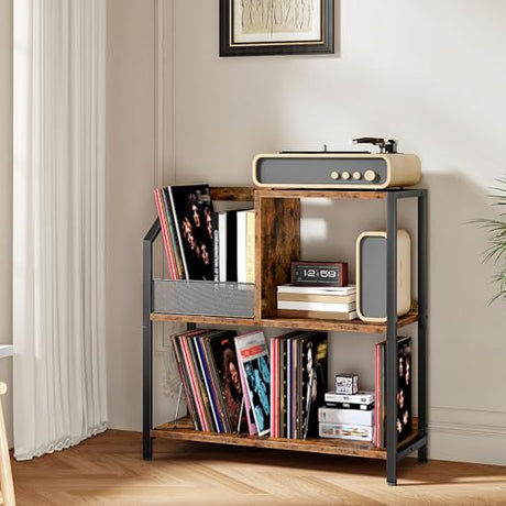 CHOEZON Large Record Player Stand, Vinyl Record Holder, Vinyl Display Rack, Rustic Turntable Display Stand, for Books, Rustic Brown and Black TCW08BF CHOEZON