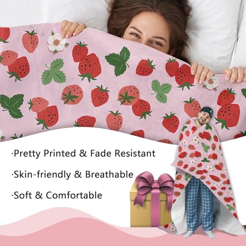 Zzkol Pink Strawberry Flannel Throw Blanket, Red Pink Fruit Floral Birthday Gifts for Kids Girls Women Adults Teen, Spring Summer Flowers Soft Blankets for Bedding Sofa 50" x 60" Zzkol