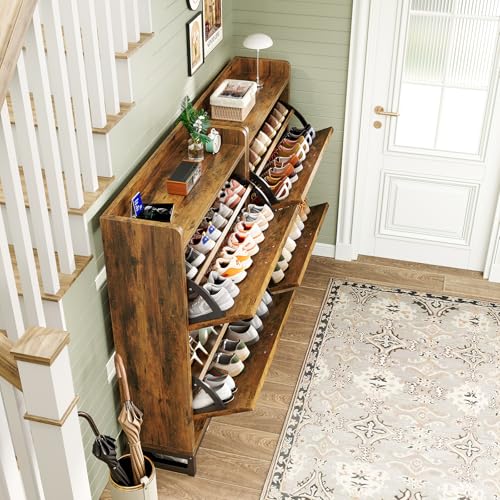GRUSIGN Shoe Cabinet, Shoe Storage Cabinet with 2 Flip Drawers & Adjustable Shelf, Space-Saving Shoe Organizer – Holds 12+ Pairs, Narrow Shoe Cabinet Storage for Entryway/Hallway（Brown） GRUSIGN