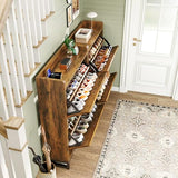 GRUSIGN Shoe Cabinet, Shoe Storage Cabinet with 2 Flip Drawers & Adjustable Shelf, Space-Saving Shoe Organizer – Holds 12+ Pairs, Narrow Shoe Cabinet Storage for Entryway/Hallway（Brown） GRUSIGN