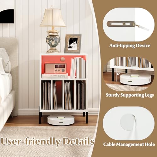 LOKO Record Player Stand with LED Lights, Turntable Stand with Charging Station, Vinyl Storage Holder with Sturdy Metal Legs, Album Display Shelf for Living Room, Bedroom (White) LOKO