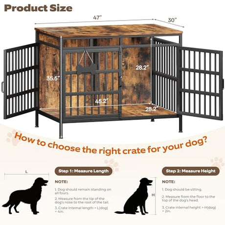 Linvivon 47 Inch Dog Crate Furniture, Heavy Duty Dogs Kennel for Small Medium Large Dogs, Double Doors Indoor Decor Pet House Cage, Anti Escape Wooden Dog Cage with Name Tag End Table, TV Stand, Brown Linvivon
