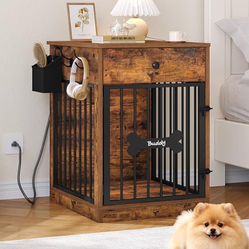Hzuaneri 24'' Dog Crate Furniture with Charging Station, Dog Kennel Indoor with Flip-Top Storage, Wooden Pet Cage Dogs House End Side Table for Small Dogs Anti-Chew Anti-Escape, Rustic Brown DFC90101B Hzuaneri
