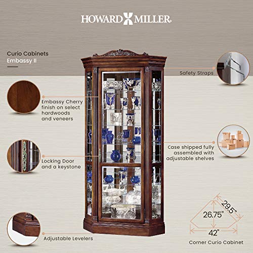 Howard Miller Embassy II Corner Curio Cabinet 680-290 – Embassy Cherry Finish, Distressed Home Decor, Seven Glass Shelves, Eight Level Display Case, Locking Front Door & Halogen Light