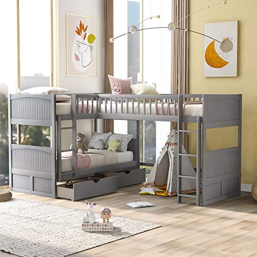 GAOWEI L-Shaped Bunk Bed with Drawers,Twin Over Twin Triple Bunk Beds and Loft Bed for 3 with Ladder & Guardrail & Headboard & Footboard Kids/Solid Wood Triple Bunk Bed for Kids (Gray) GAOWEI