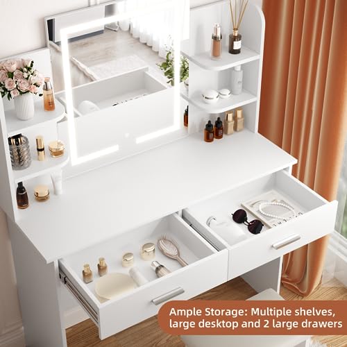 SMOOL Vanity Desk with Lighted Mirror - Makeup Vanity Table with 3 Color Light Options Adjustable Brightness, Vanity with 6 Storage Shelves, 2 Large Drawers, Vanity Set for Girls Women, White SMOOL