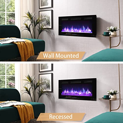 Efiretric® Grace 36" W 3 in 1 Electric Fireplace (EF449), Freestanding, Wall Mounted, Recessed, 9 Colors Flame Effect, TV Media Wall, Heater 750W/1500W, Remote Control EFIRETRIC