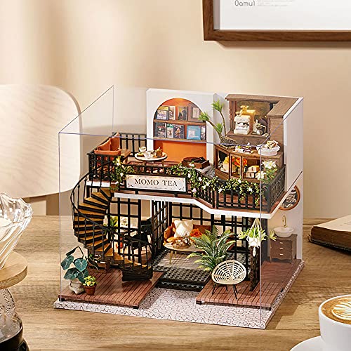 CUTEBEE Dollhouse Miniature with Furniture, DIY Wooden Dollhouse Kit Plus Dust Proof, Creative Room Idea(Forest Tea Shop)