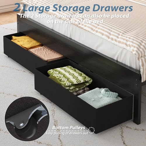 Etditrnp King Bed Frame with Storage Headboard, Upholstered Black Bed Frame with 4 Drawers, LED Lights, and Charging Station, Heavy-Duty Metal Slats Support, Noise-Free Etditrnp