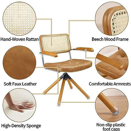 Art Leon Rattan Desk Chair - Faux Leather Upholstered Mid Century Office Chair, Vintage Swivel Accent Chair with Wood Legs, Brown Art Leon